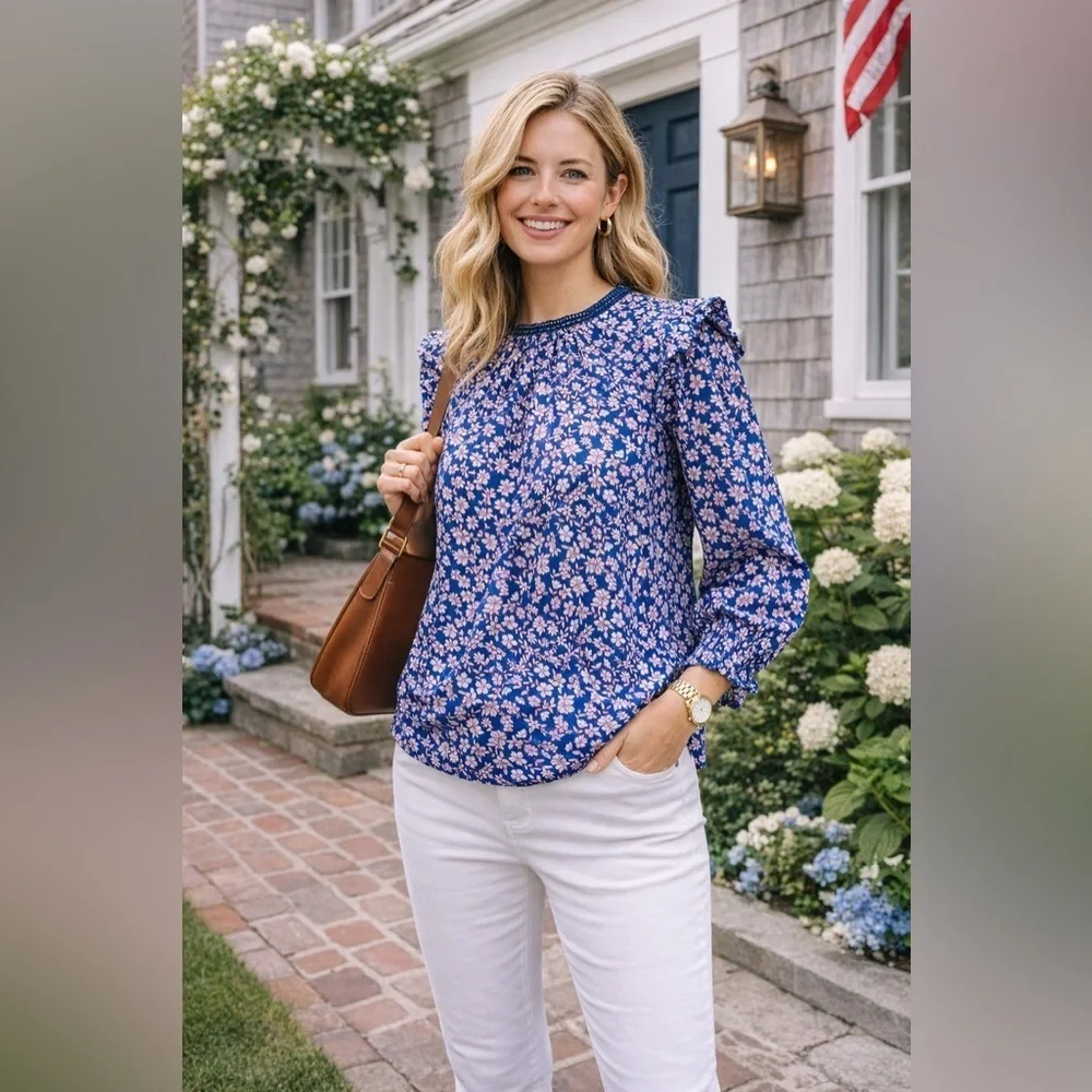 J Crew Womens Ruffle Shoulder Top S Blue Pink Floral Cotton Cottagecore Blouse